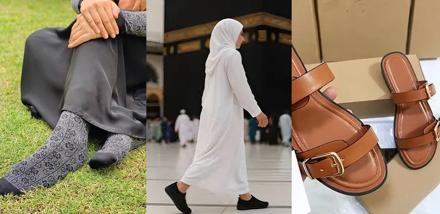women may wear comfortable shoes, sandals, or socks in Ihram during Umrah Tawaf and Sa’i.